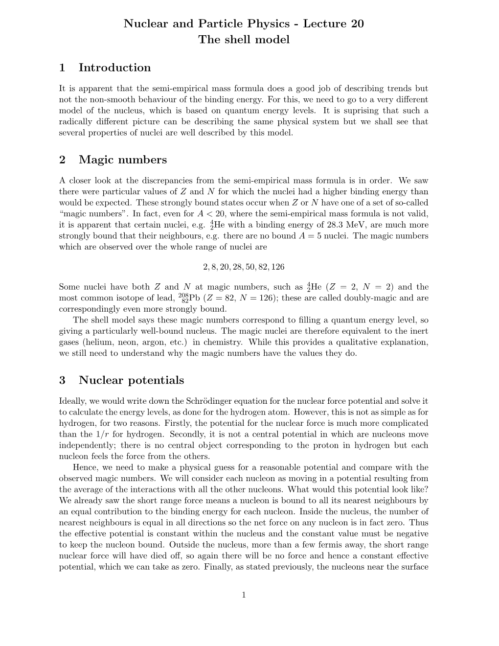 Lecture 20 the Shell Model 1 Introduction 2 Magic Numbers 3