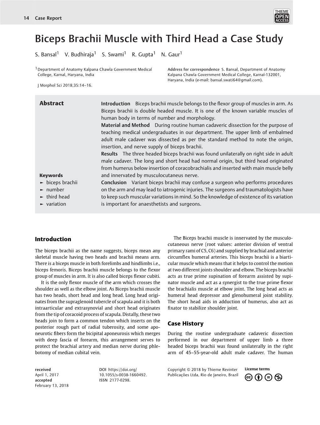 Biceps Brachii Muscle with Third Head a Case Study