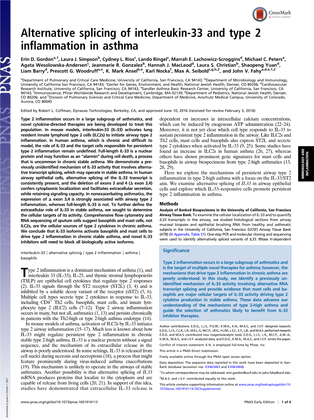 Alternative Splicing of Interleukin-33 and Type 2 Inflammation in Asthma