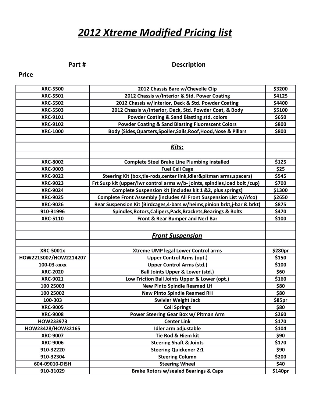 2012 Xtreme Modified Pricing List