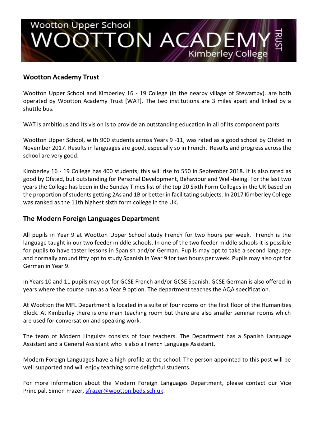 Wootton Academy Trust the Modern Foreign Languages Department