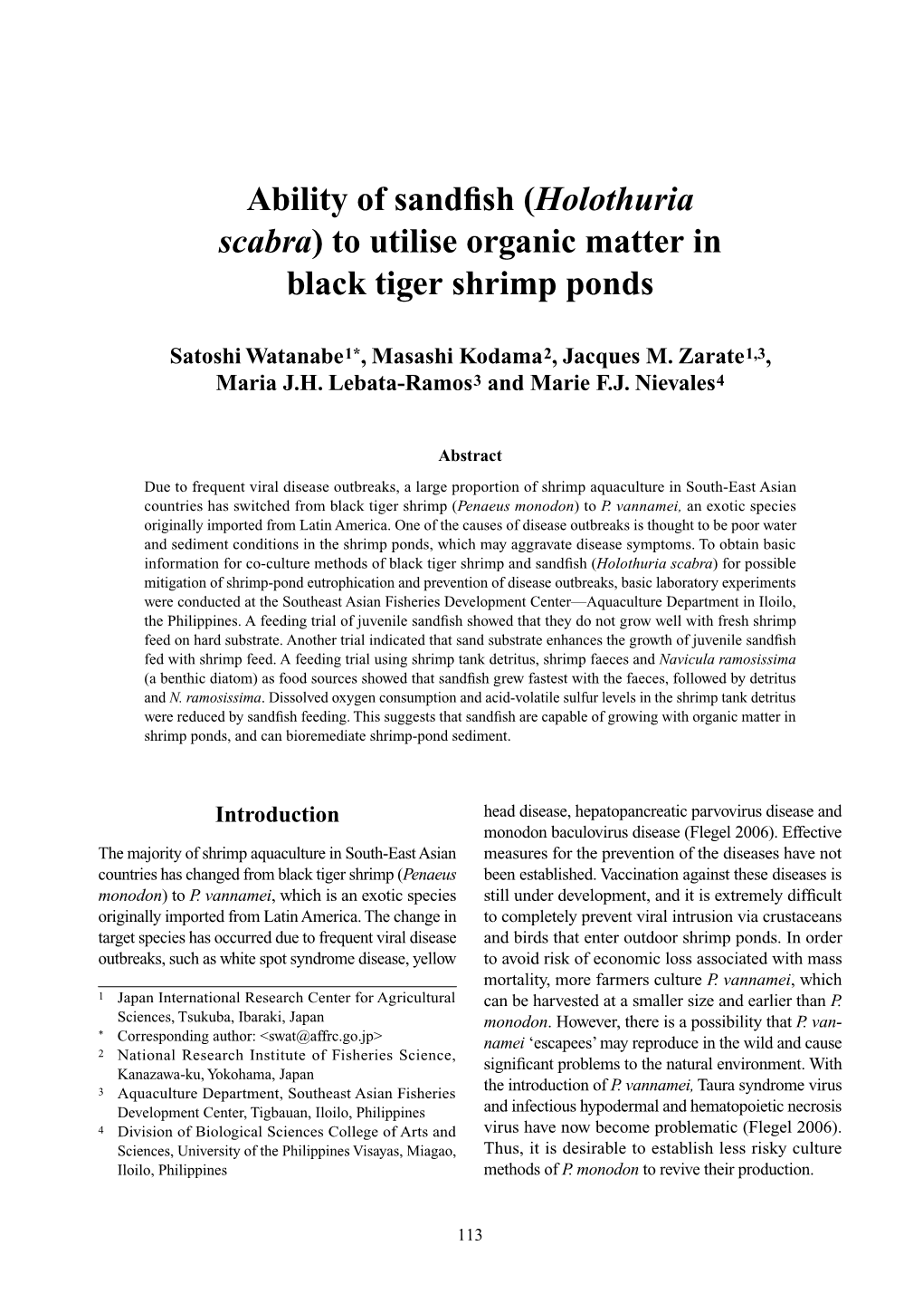 (Holothuria Scabra) to Utilise Organic Matter in Black Tiger Shrimp Ponds