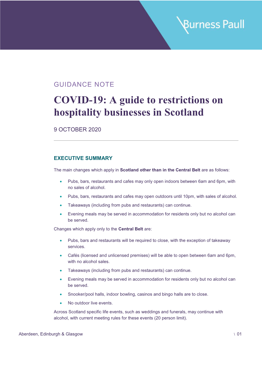 COVID-19: a Guide to Restrictions on Hospitality Businesses in Scotland