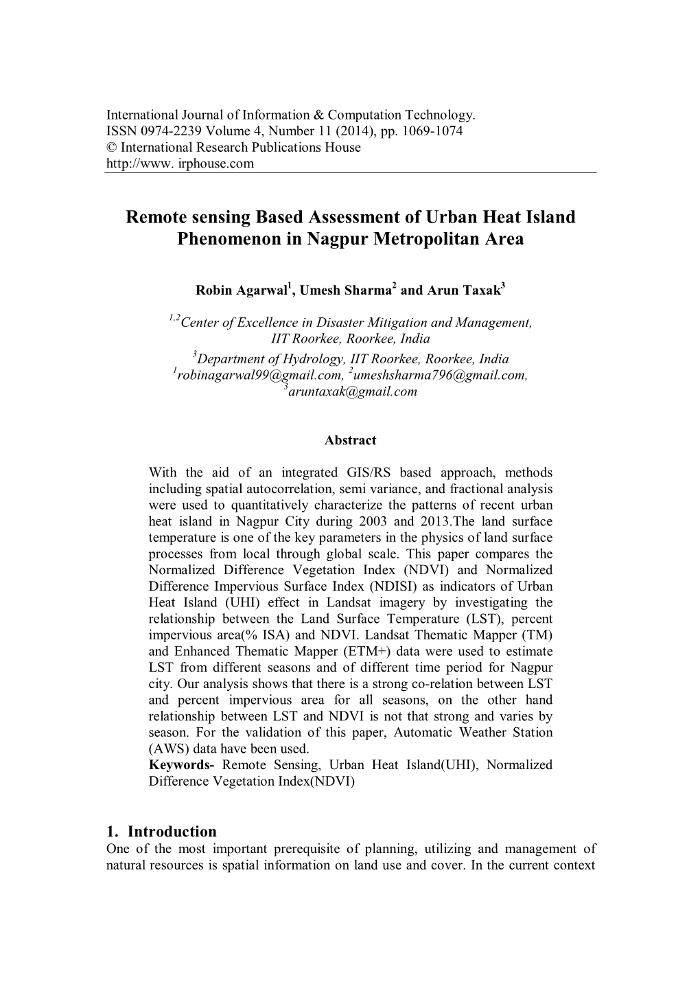 Remote Sensing Based Assessment of Urban Heat Island Phenomenon in Nagpur Metropolitan Area