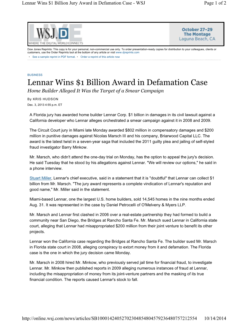 Lennar Wins $1 Billion Award in Defamation Case Home Builder Alleged It Was the Target of a Smear Campaign