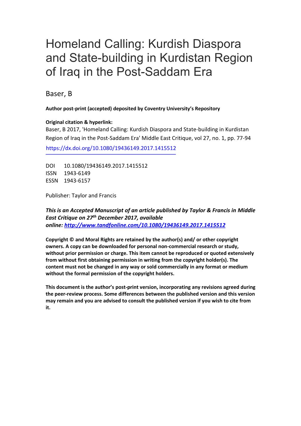 Kurdish Diaspora and State-Building in Kurdistan Region of Iraq in the Post-Saddam Era