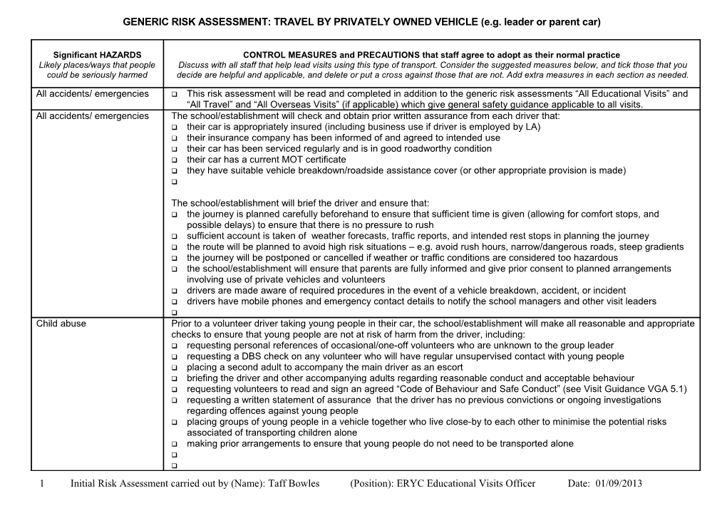 Generic Risk Assessment: Visits to Large Towns Or Cities