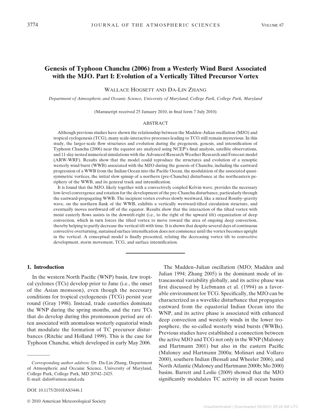 Genesis of Typhoon Chanchu (2006) from a Westerly Wind Burst Associated with the MJO