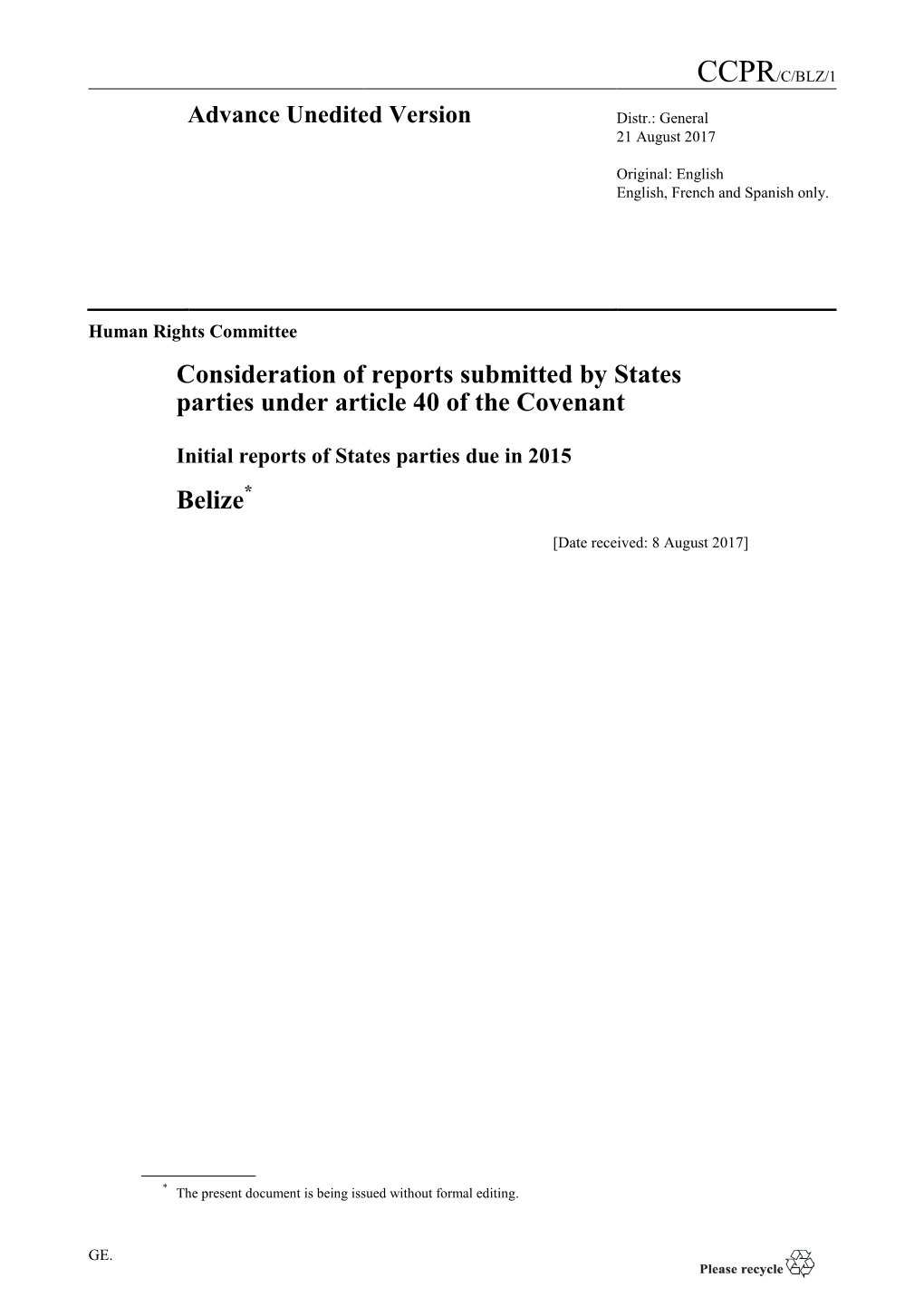 Consideration of Reports Submitted by States Parties Under Article 40 of the Covenant Belize