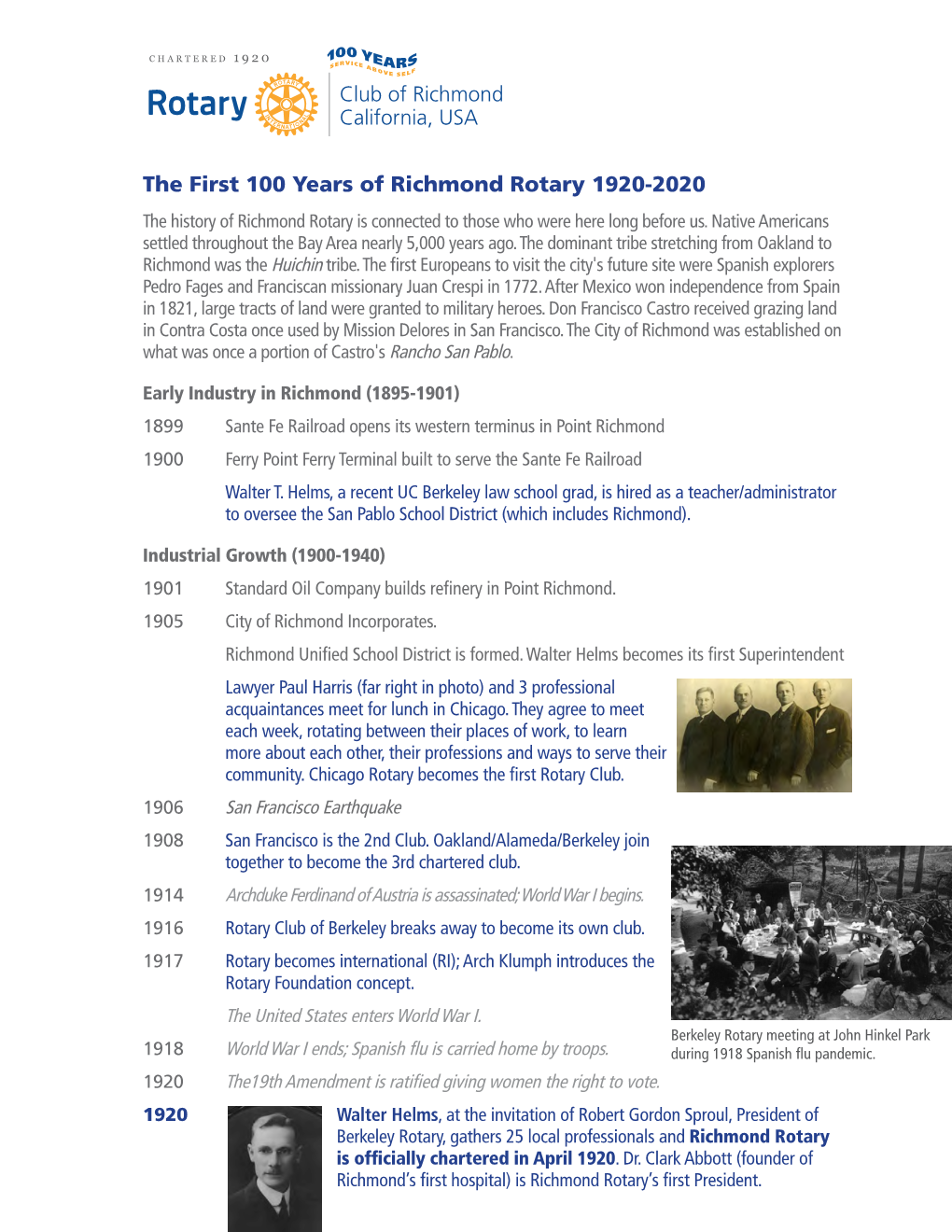 Timeline of the First 100 Years of the Richmond Rotary Club
