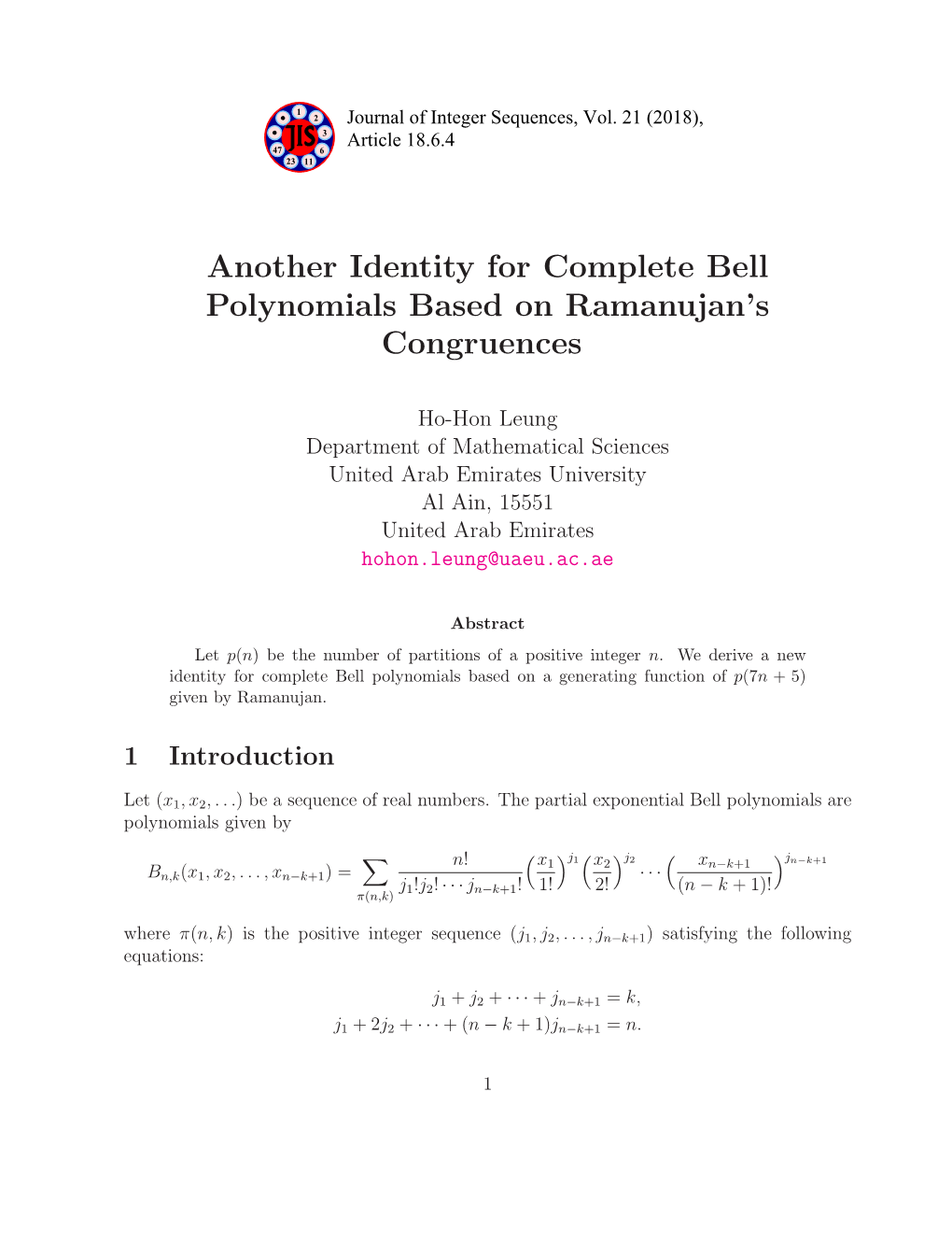Another Identity for Complete Bell Polynomials Based on Ramanujan’S Congruences