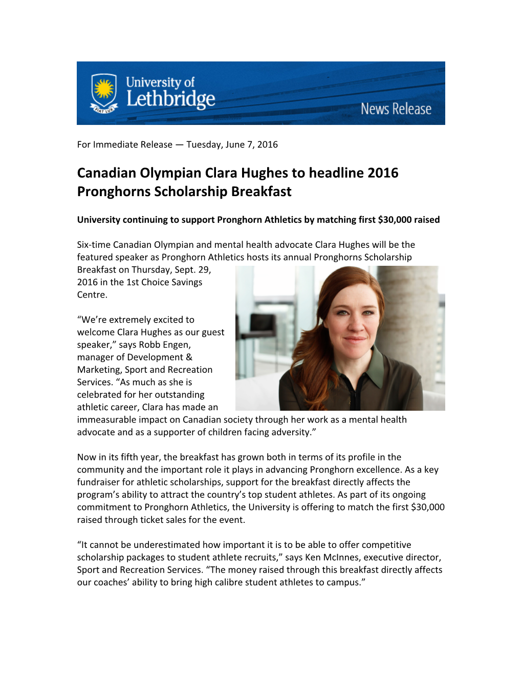 Canadian Olympian Clara Hughes to Headline 2016 Pronghorns Scholarship Breakfast