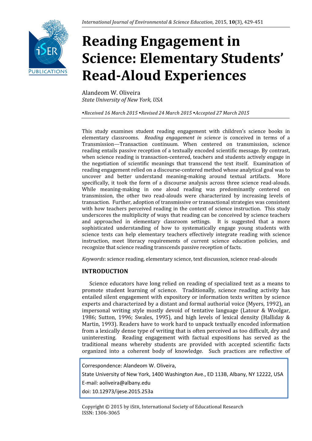 Reading Engagement in Science: Elementary Students’ Read-Aloud Experiences