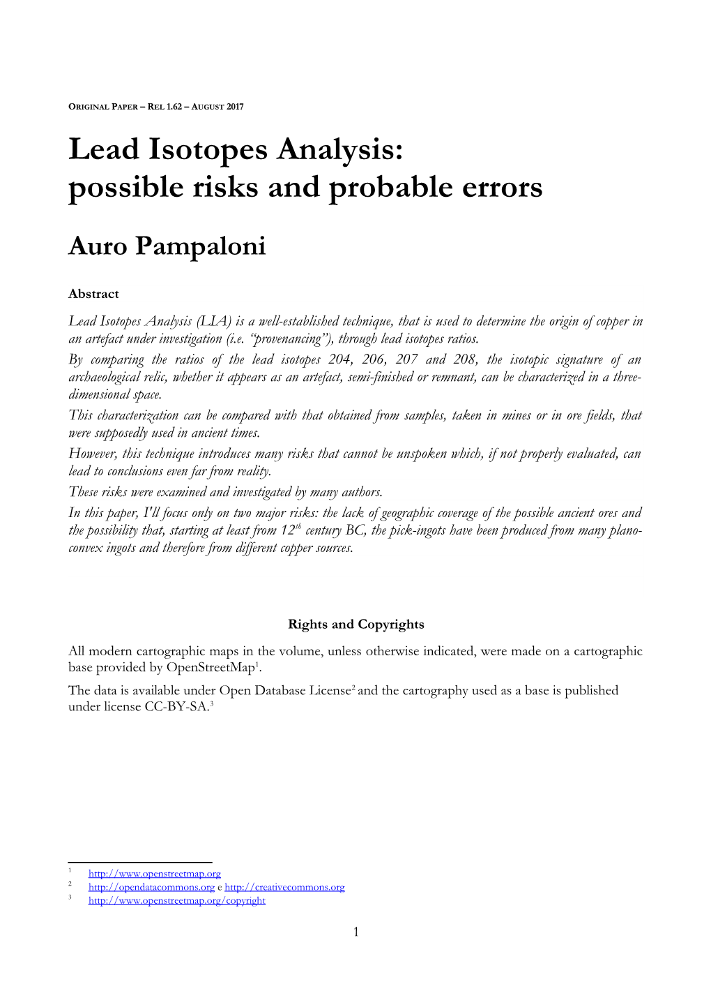 Lead Isotopes Analysis: Possible Risks and Probable Errors Auro Pampaloni