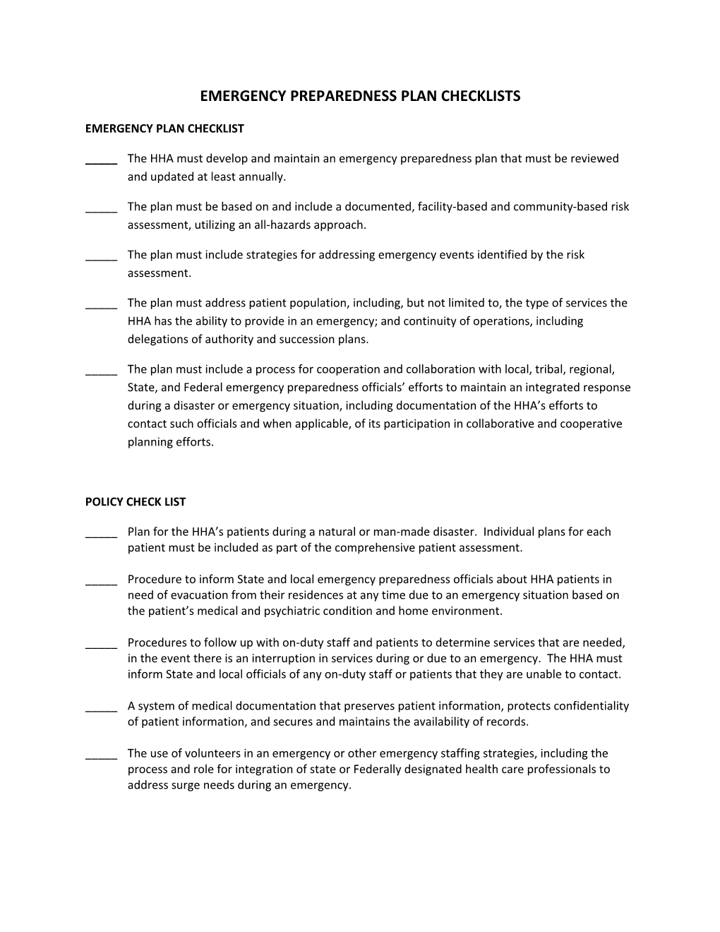 Emergency Preparedness Plan Checklists