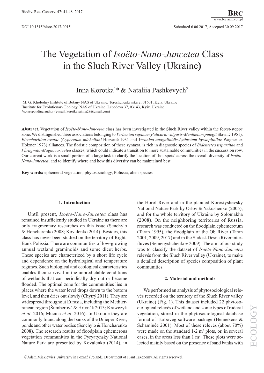 The Vegetation of Isoëto-Nano-Juncetea Class in the Sluch River Valley (Ukraine)