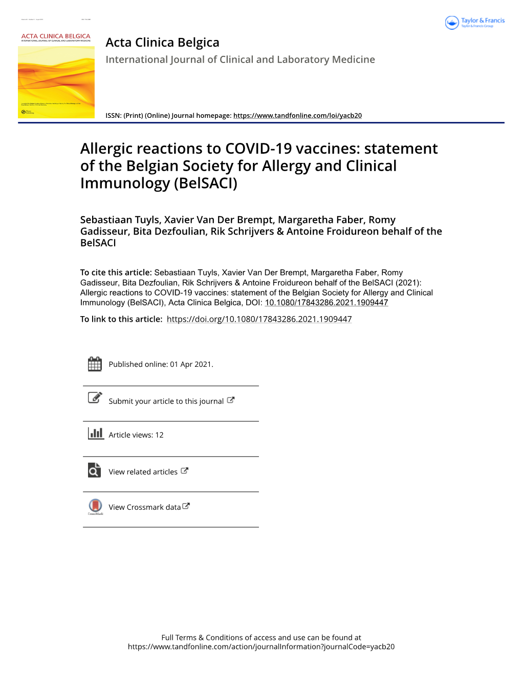 Allergic Reactions to COVID-19 Vaccines: Statement of the Belgian Society for Allergy and Clinical Immunology (Belsaci)