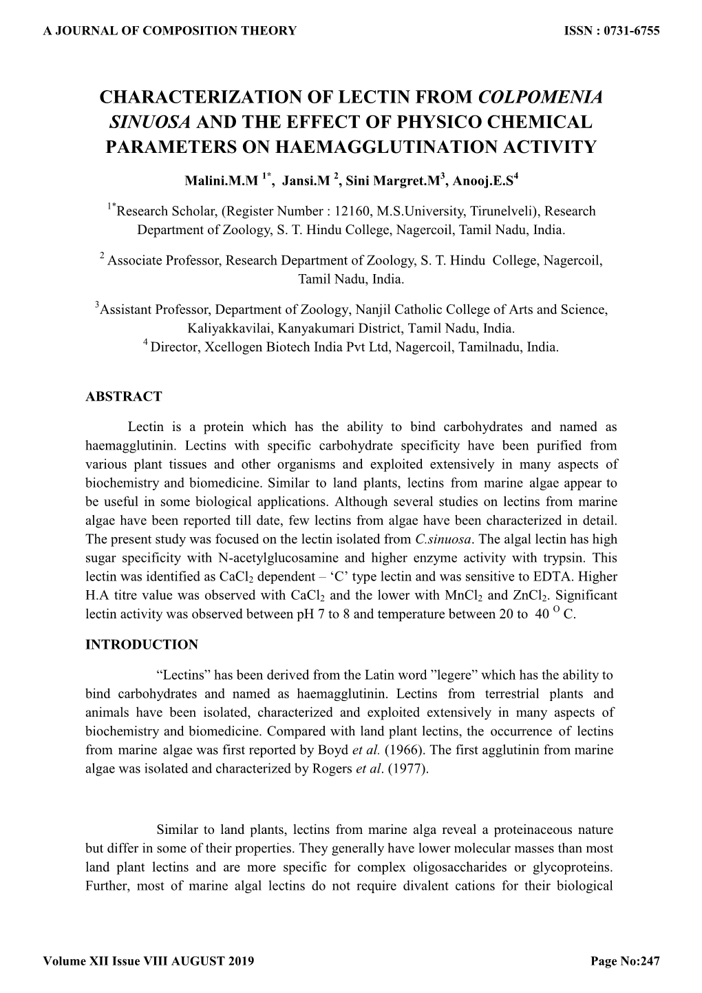 Characterization of Lectin from Colpomenia Sinuosa and the Effect of Physico Chemical Parameters on Haemagglutination Activity