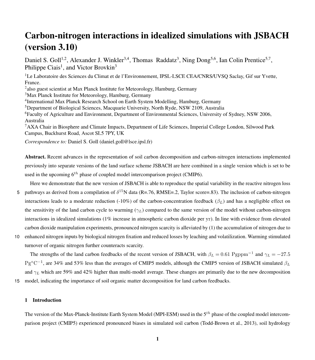 Carbon-Nitrogen Interactions in Idealized Simulations with JSBACH (Version 3.10) Daniel S