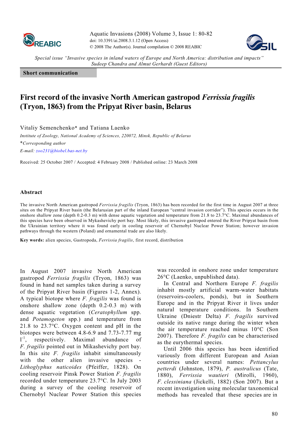 First Record of the Invasive North American Gastropod Ferrissia Fragilis (Tryon, 1863) from the Pripyat River Basin, Belarus