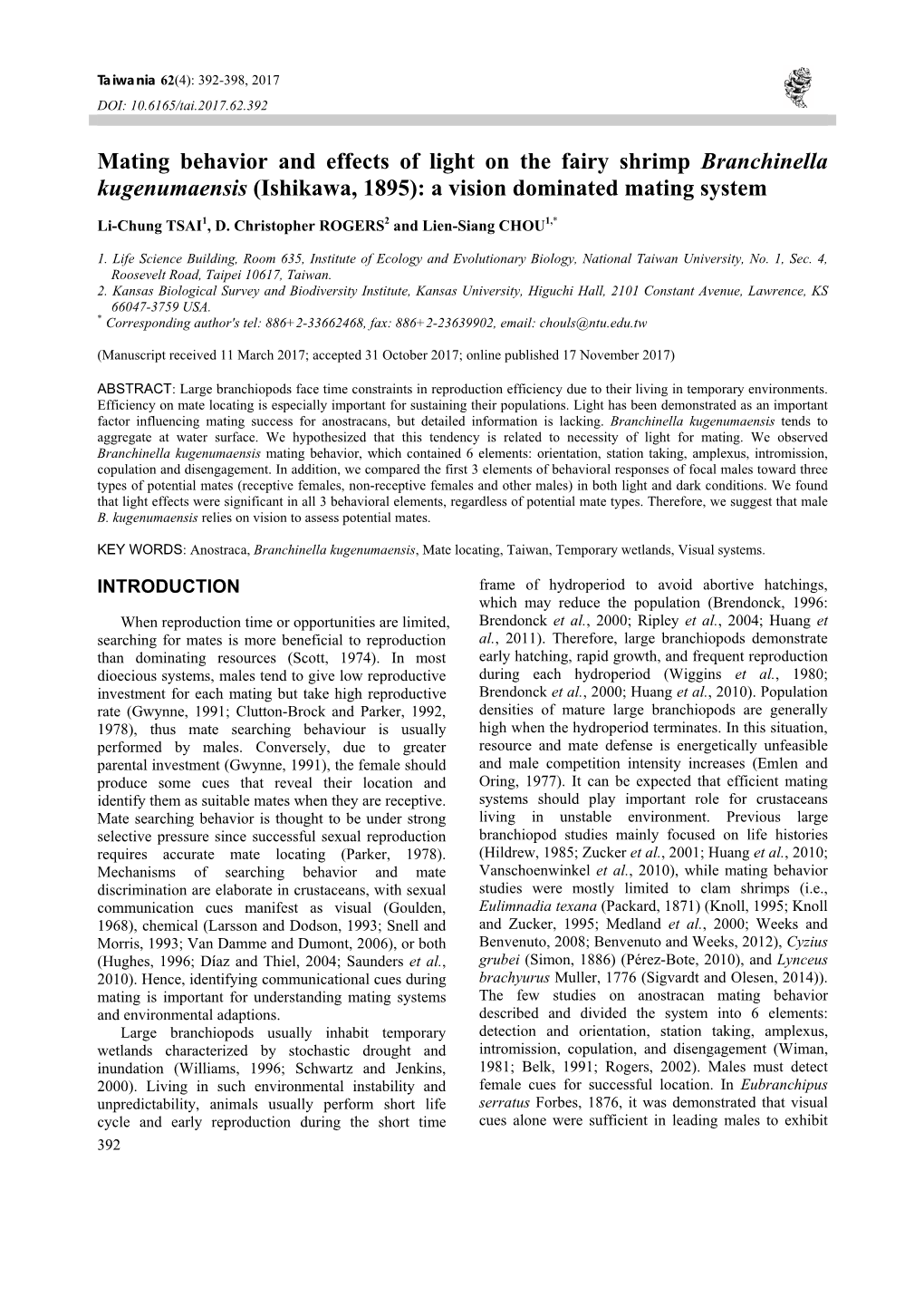 Mating Behavior and Effects of Light on the Fairy Shrimp Branchinella Kugenumaensis (Ishikawa, 1895): a Vision Dominated Mating System