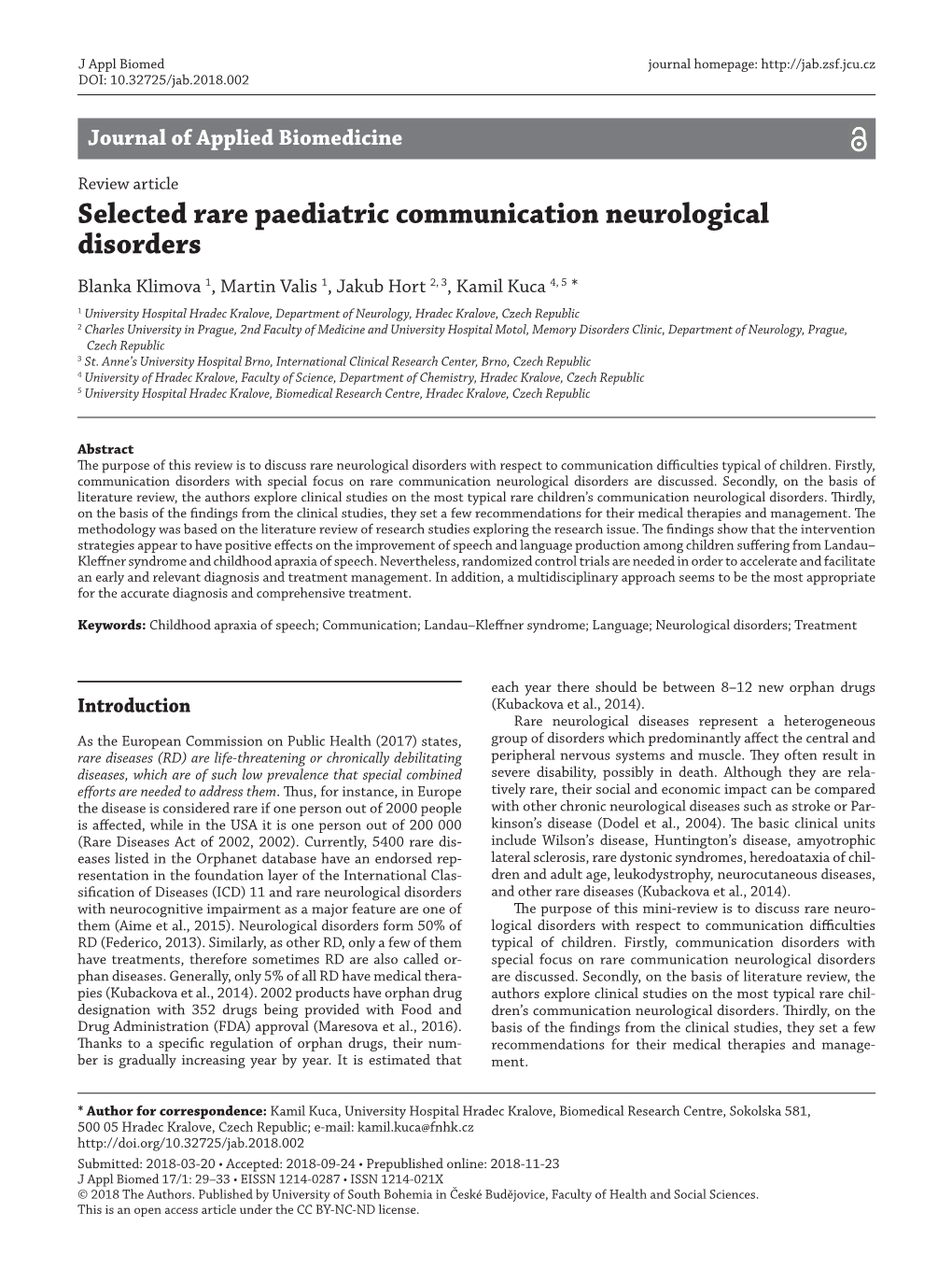 Selected Rare Paediatric Communication Neurological