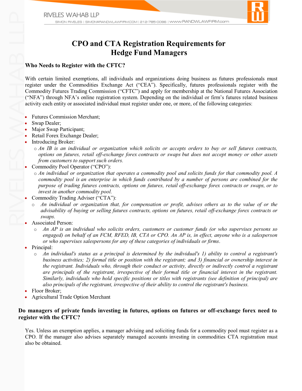 CPO and CTA Registration Requirements for Hedge Fund Managers