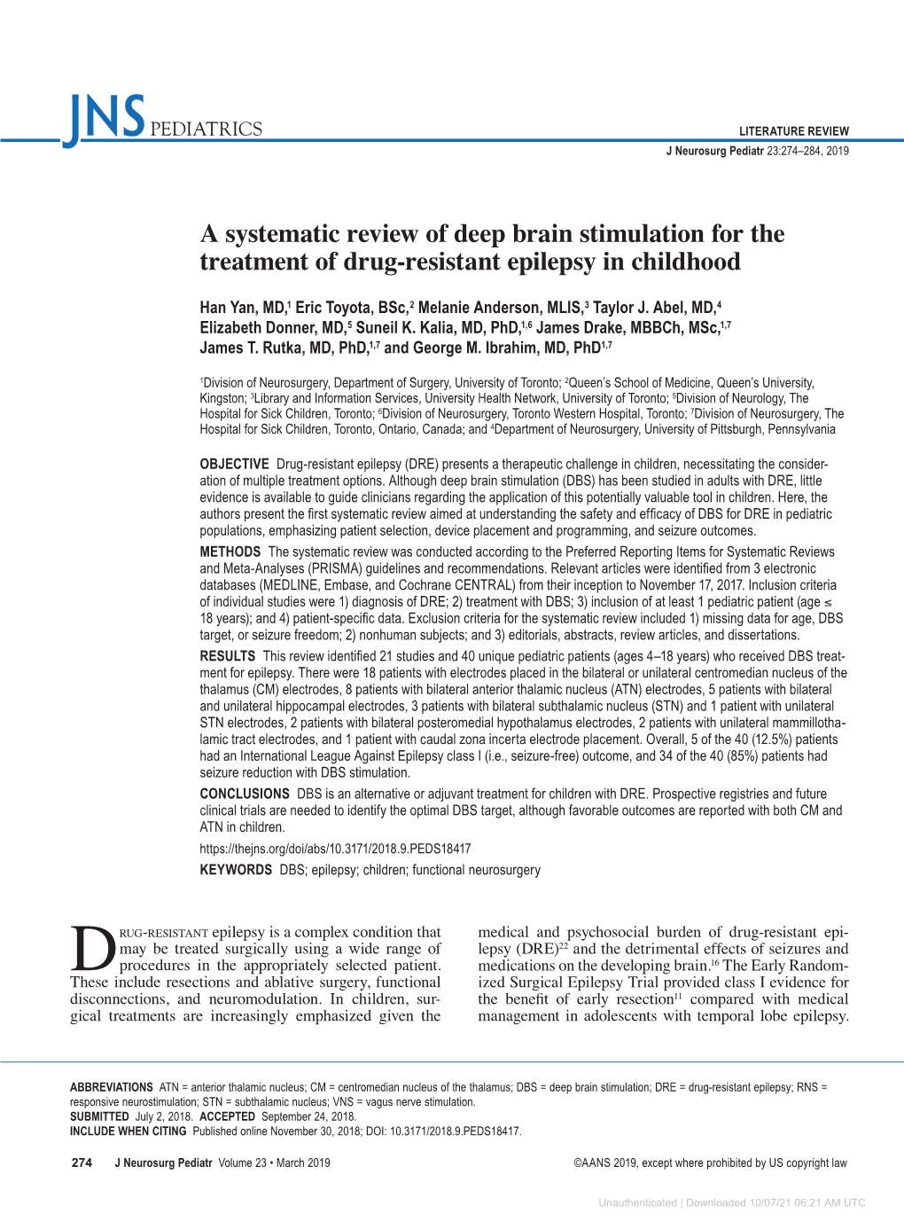 A Systematic Review of Deep Brain Stimulation for the Treatment of Drug-Resistant Epilepsy in Childhood