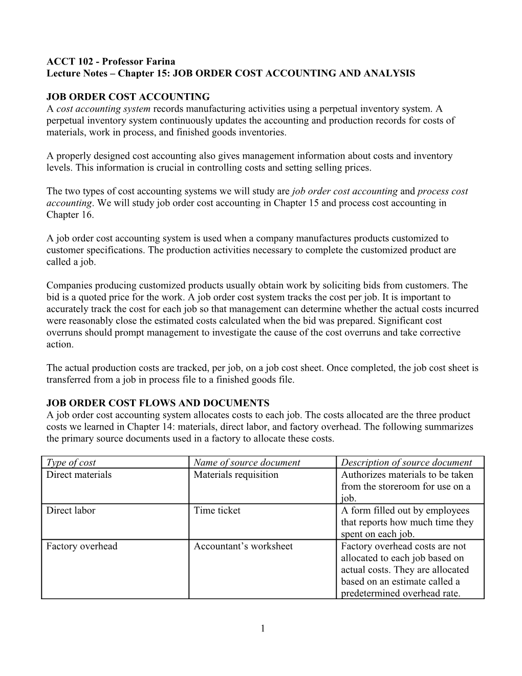 Example: Accounting in a Job Order Costing System