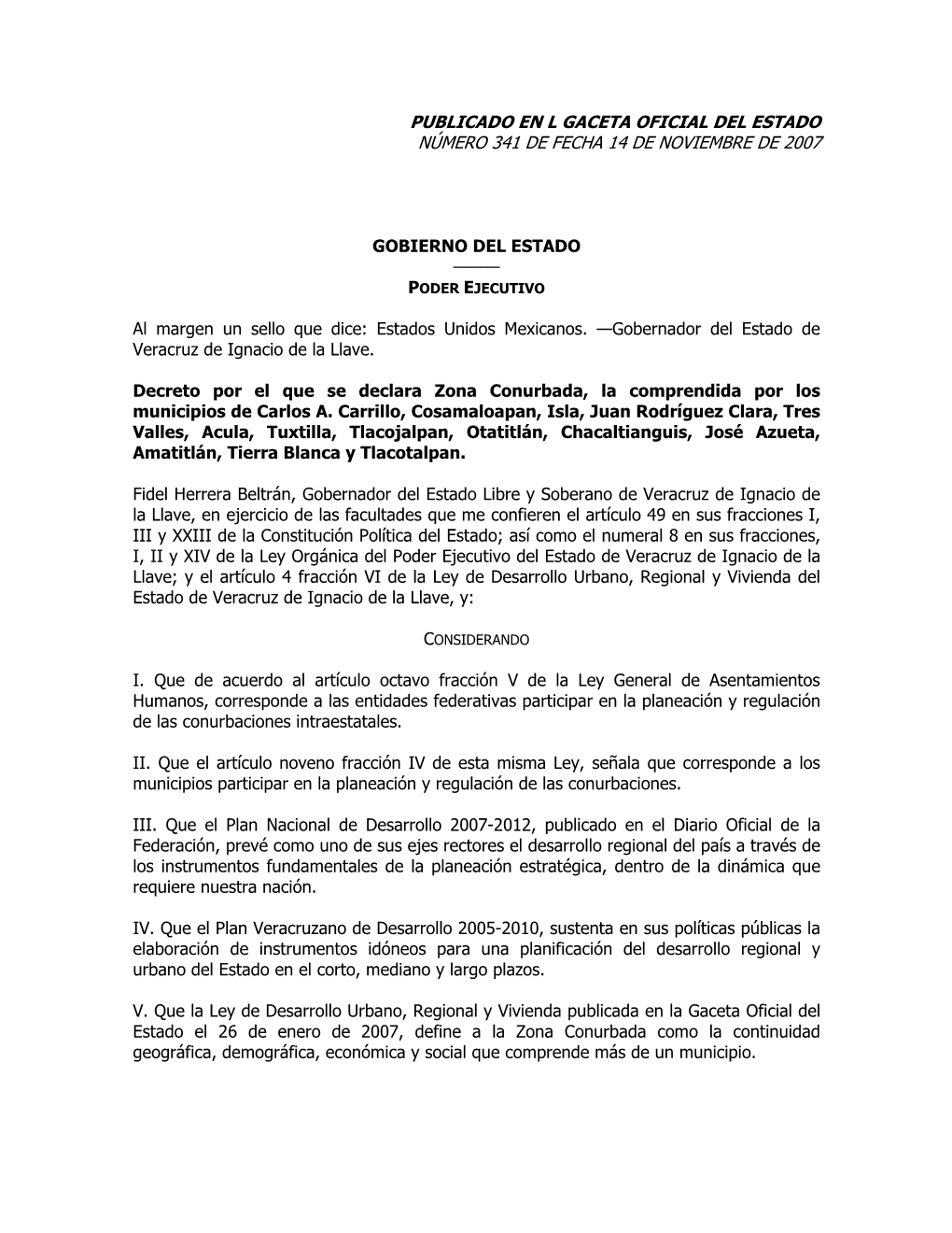 Publicado En L Gaceta Oficial Del Estado Número 341 De Fecha 14 De Noviembre De 2007