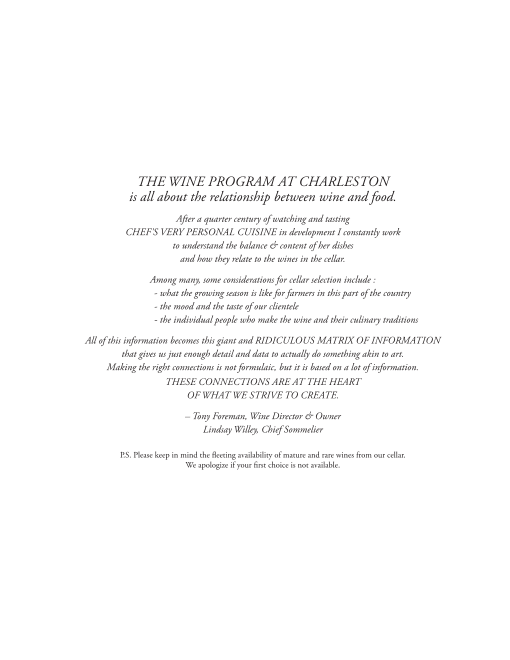 THE WINE PROGRAM at CHARLESTON Is All About the Relationship Between Wine and Food
