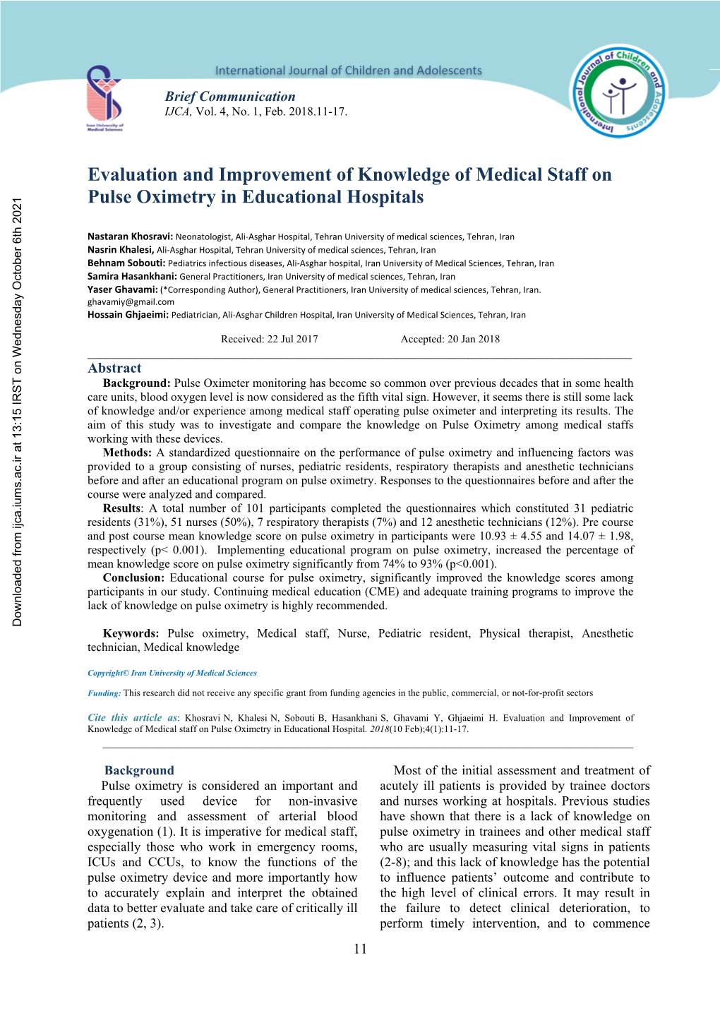 Evaluation and Improvement of Knowledge of Medical Staff on Pulse Oximetry in Educational Hospitals