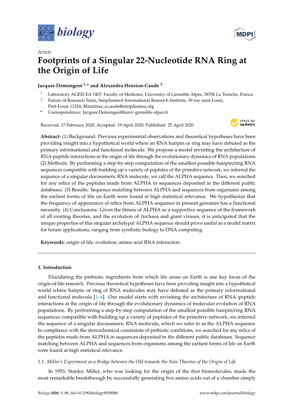 Footprints of a Singular 22-Nucleotide RNA Ring at the Origin of Life