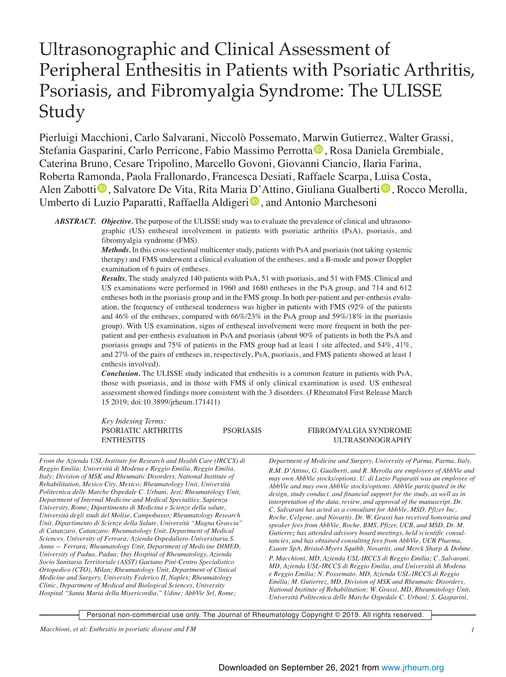 Ultrasonographic and Clinical Assessment of Peripheral Enthesitis in Patients with Psoriatic Arthritis, Psoriasis, and Fibromyalgia Syndrome: the ULISSE Study