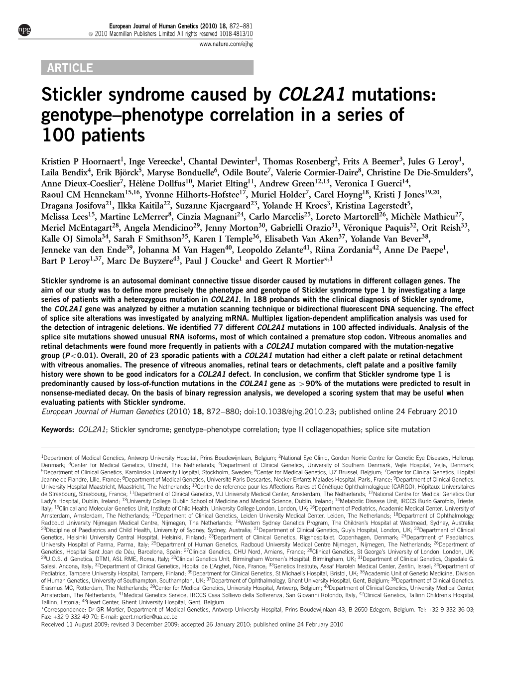 Stickler Syndrome Caused by COL2A1 Mutations: Genotype–Phenotype Correlation in a Series of 100 Patients