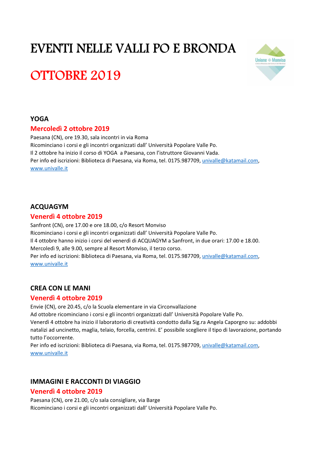 OTTOBRE 2019 Eventi in Valle Po