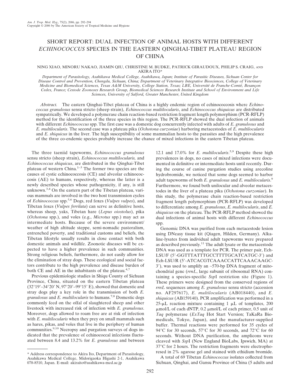 Dual Infection of Animal Hosts with Different Echinococcus Species in the Eastern Qinghai-Tibet Plateau Region of China