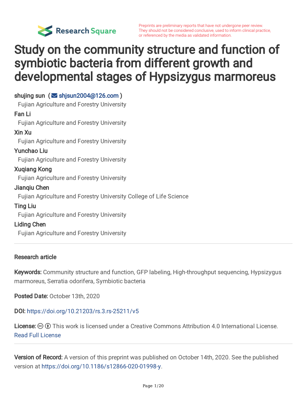 Study on the Community Structure and Function of Symbiotic Bacteria From