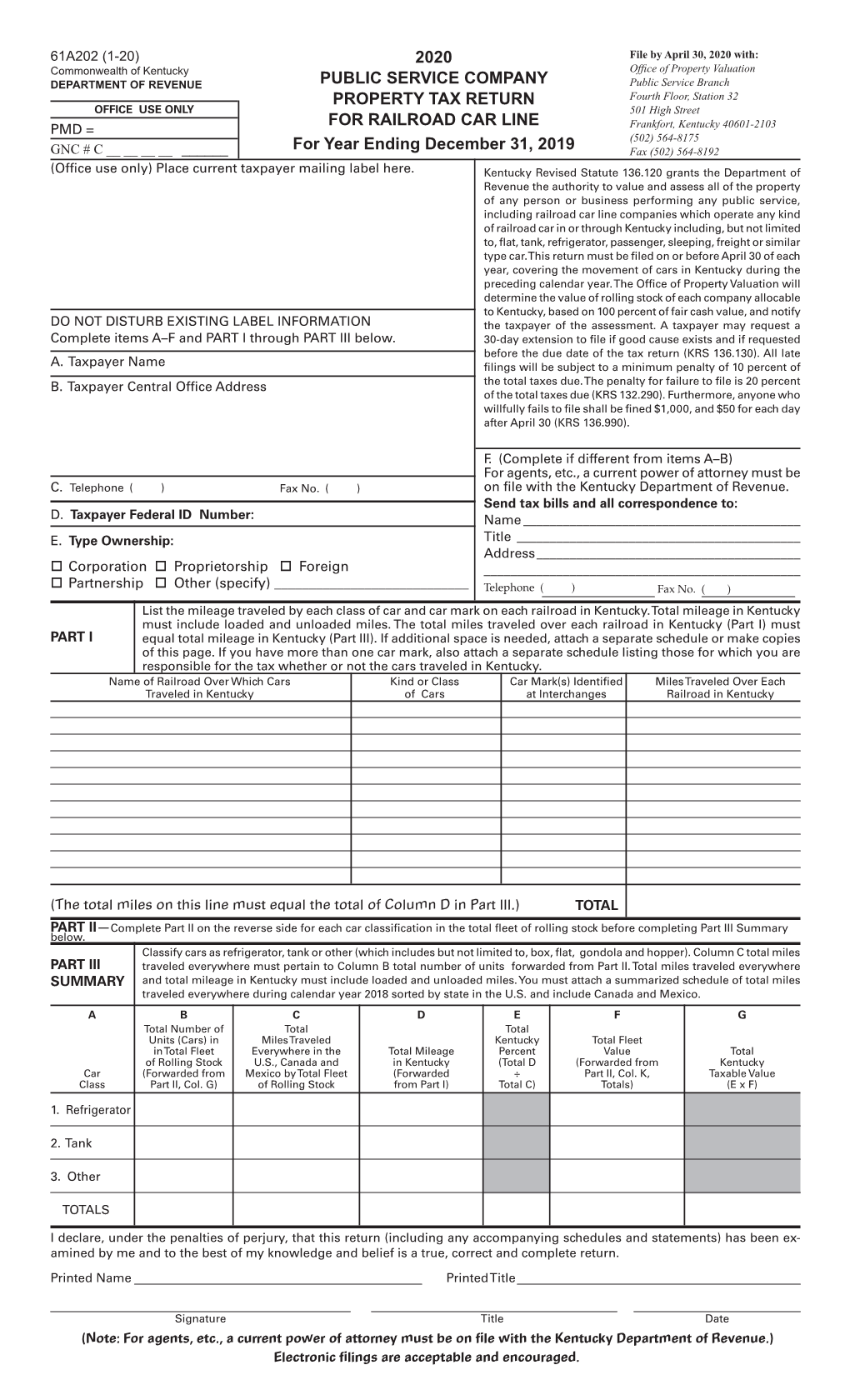 2020 Public Service Company Property Tax Return For