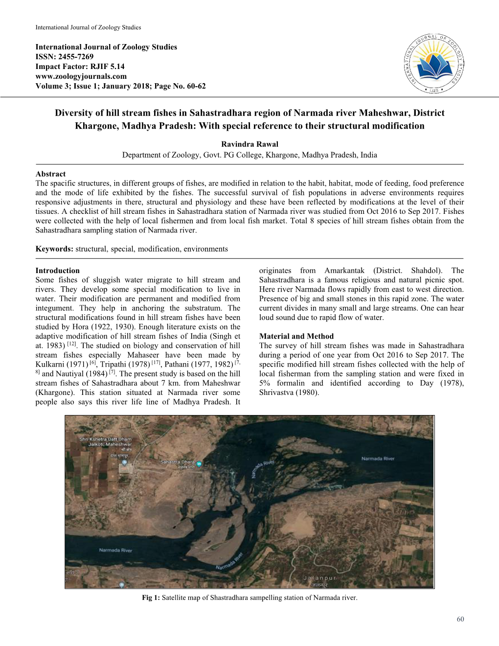 Diversity of Hill Stream Fishes in Sahastradhara Region of Narmada