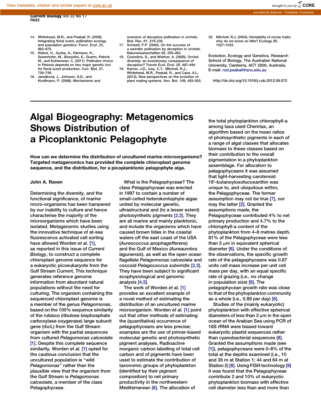 Algal Biogeography: Metagenomics Shows Distribution of a Picoplanktonic Pelagophyte