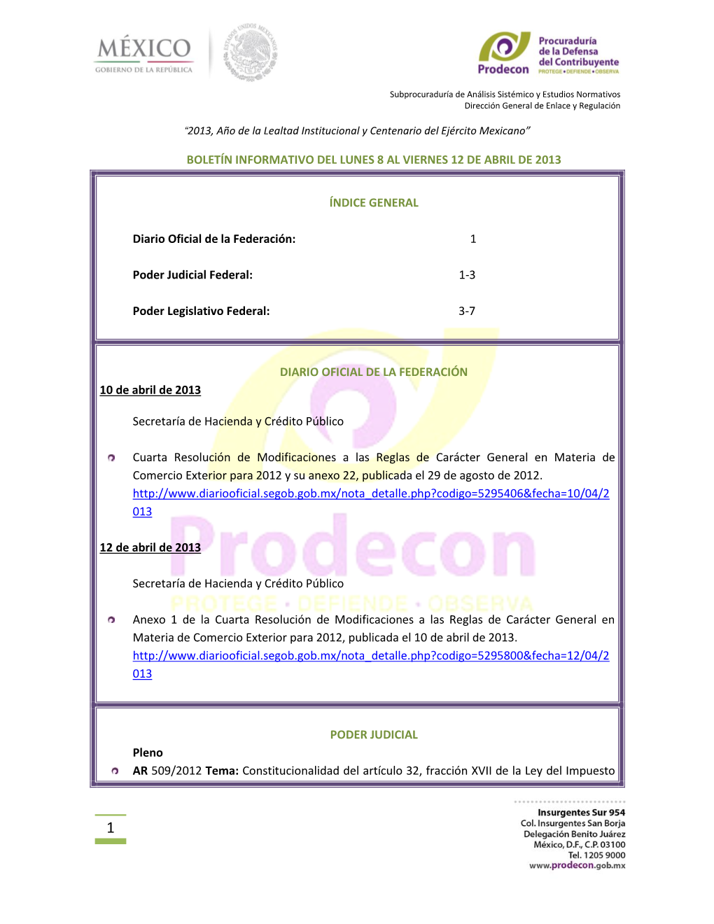 Boletín Informativo Del Lunes 8 Al Viernes 12 De Abril De 2013