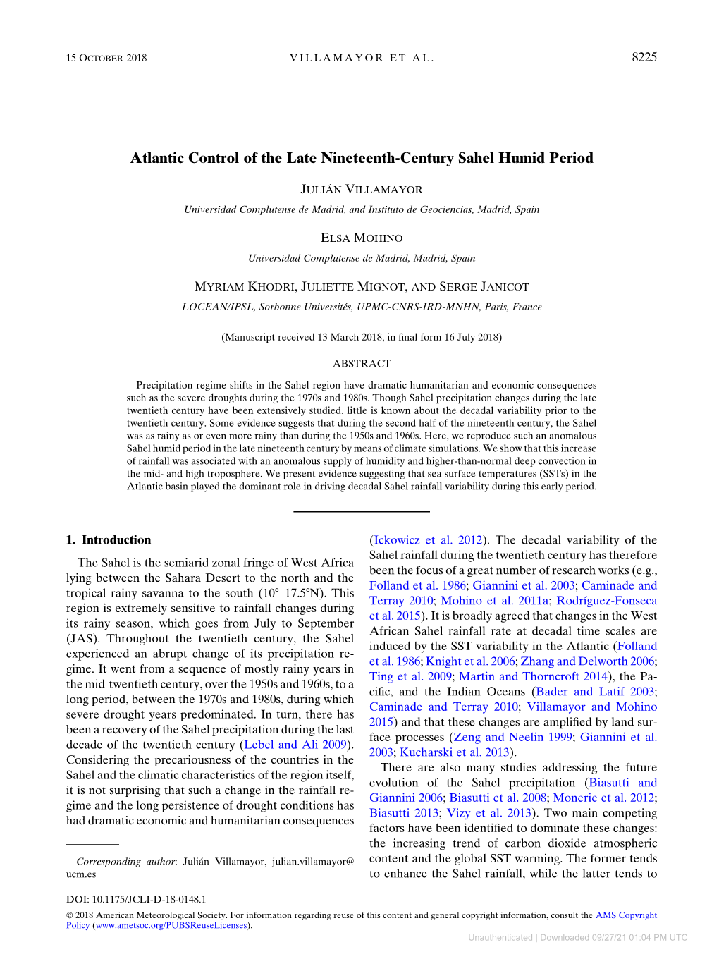 Atlantic Control of the Late Nineteenth-Century Sahel Humid Period