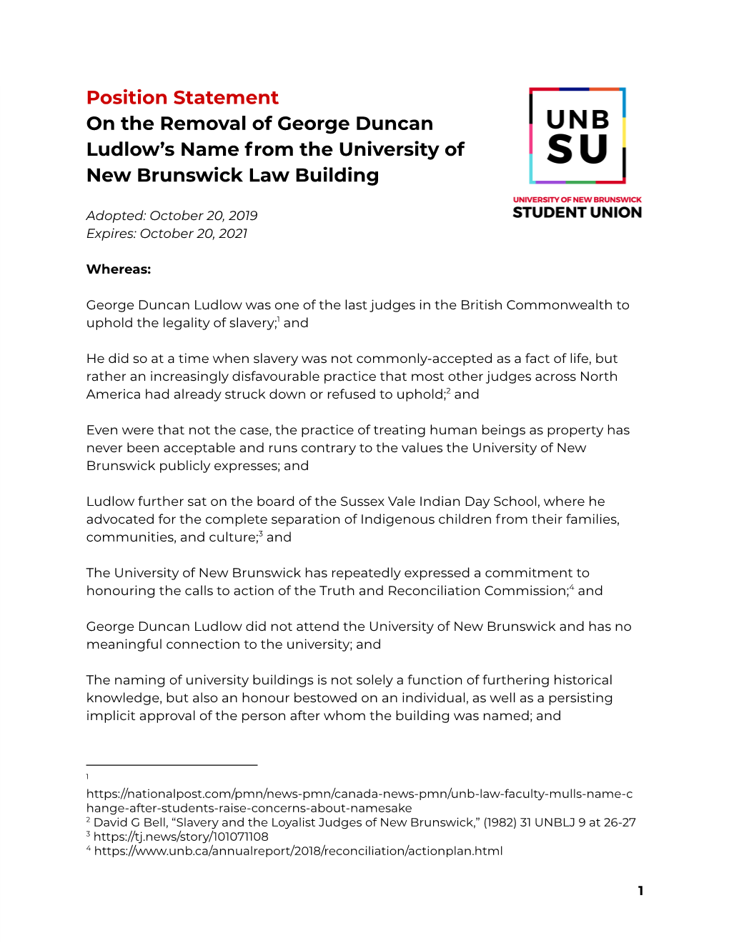 Position Statement on the Removal of George Duncan Ludlow's Name from the University of New Brunswick