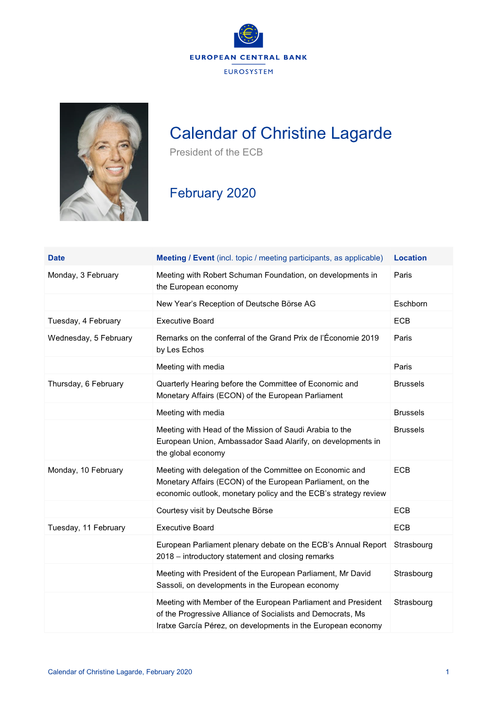 Calendar of Christine Lagarde, February 2020 1 Thursday, 13 February Courtesy Visit by Former ECB Vice-President, Mr Christian Noyer ECB