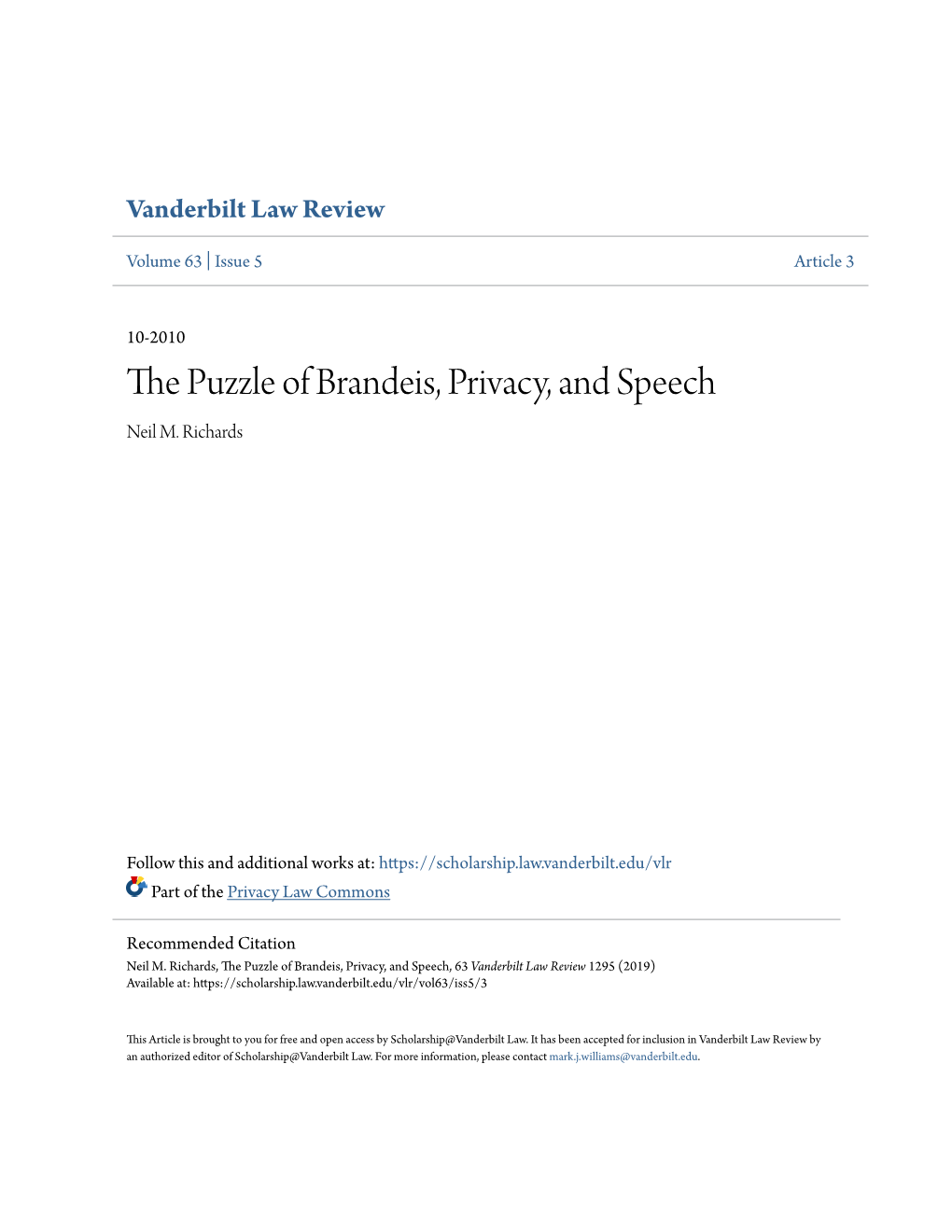 The Puzzle of Brandeis, Privacy, and Speech Neil M