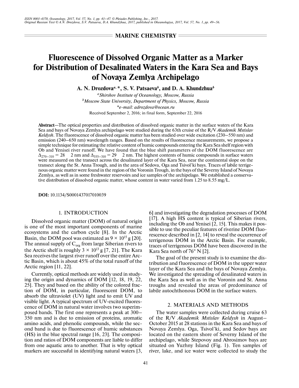 Fluorescence of Dissolved Organic Matter As a Marker for Distribution of Desalinated Waters in the Kara Sea and Bays of Novaya Zemlya Archipelago A