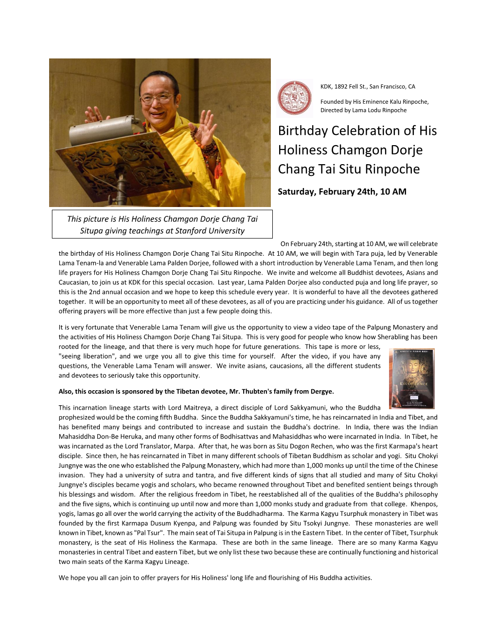 Birthday Celebration of His Holiness Chamgon Dorje Chang Tai Situ Rinpoche