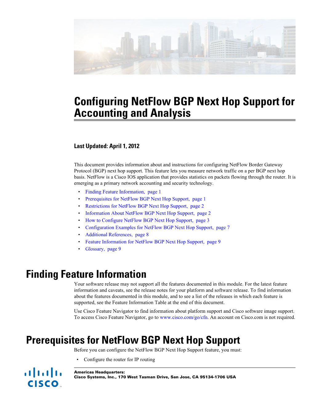 Configuring Netflow BGP Next Hop Support for Accounting and Analysis