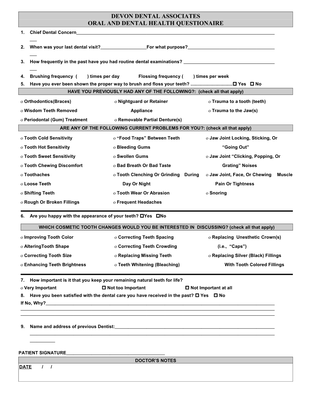 Devon Dental Associates Oral and Dental Health Questionaire